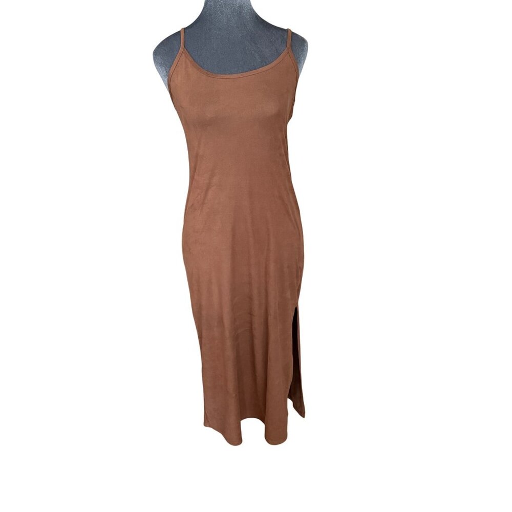 Papermoon Brown Sleeveless Midi Slip Dress With Spaghetti Straps & Side Slit Wom